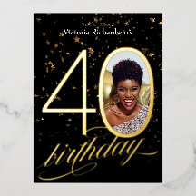 Elegante Confetti Zwart Goud Foto 40e Verjaardag