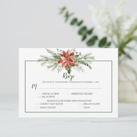 Elegante Coniferen en Poinsettia Kerst RSVP (Staand voorkant)
