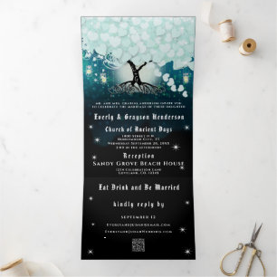 Elegante Cool Aqua Hart Blad Bruiloft Drieluik Uitnodiging