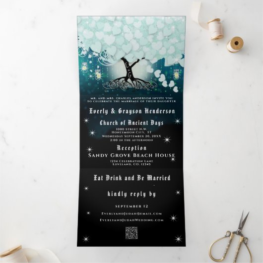 Elegante Cool Aqua Hart Blad Bruiloft Drieluik Uitnodiging (Binnen)