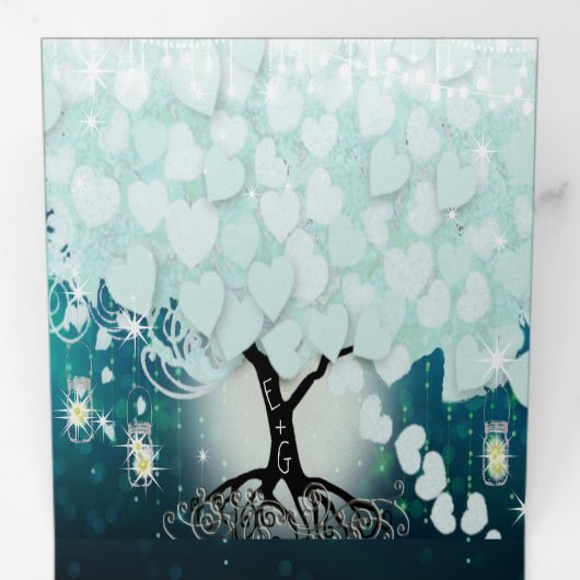 Elegante Cool Aqua Heart Leaf Wedding Drieluik Uitnodiging (Binnenzijde eerst)