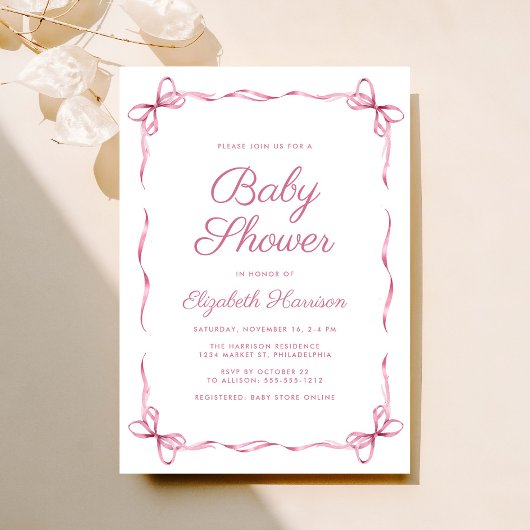 Elegante Coquette Bows Roze Baby Meisje Douche Kaart