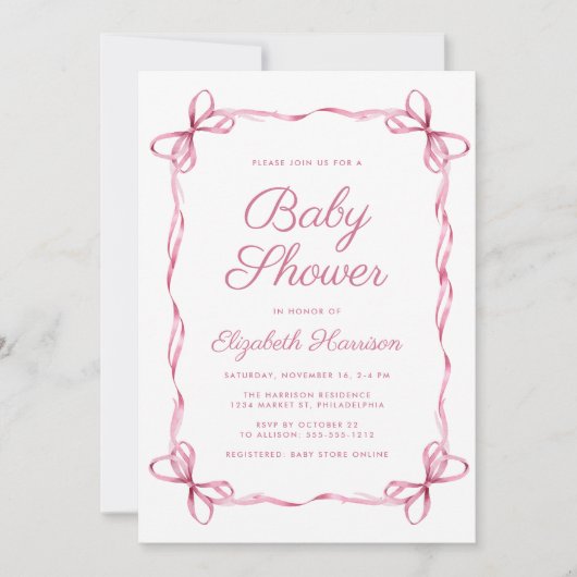 Elegante Coquette Bows Roze Baby Meisje Douche Kaart (Voorkant)