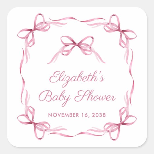 Elegante Coquette Bows Roze Baby Meisje Douche Vierkante Sticker (Voorkant)