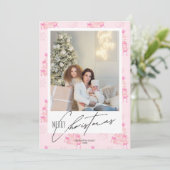 Elegante Coquette Kerstboom roze strik 1 foto Feestdagenkaart (Staand voorkant)