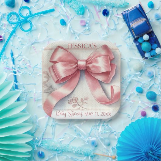 Elegante Coquette Roze Bow Baby shower Meisje Papieren Bordje (Feest)