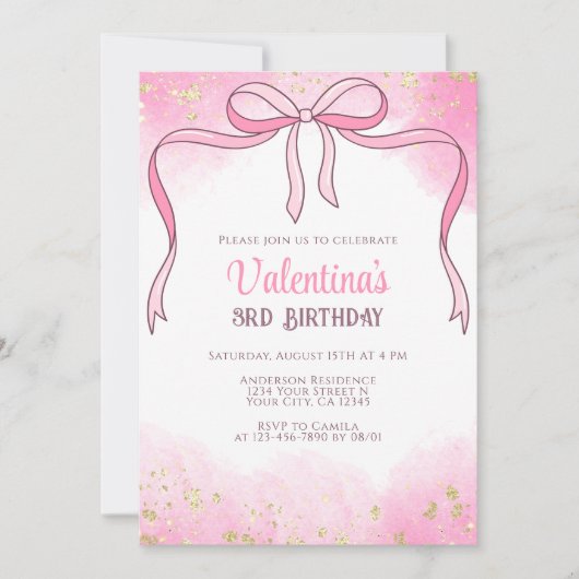 Elegante Coquette Roze Bow Gouden Glitter Verjaard Kaart (Voorkant)