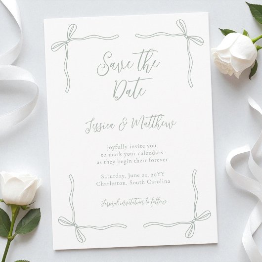 Elegante Coquette Sagegroene Bogen en Geloften Tro Save The Date