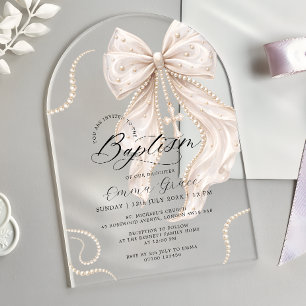 Elegante Coquette Strik met Parels Luxe Doopfeest Acryl Uitnodigingen