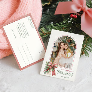 Elegante Coquette Striking Kerstmis Boog Foto Feestdagenkaart