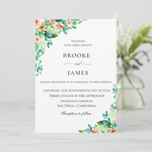 Elegante Coral Island Botanische bruiloft Kaart (Staand voorkant)