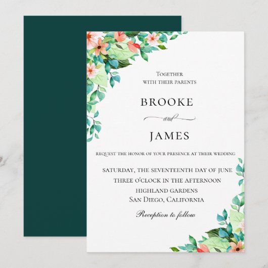 Elegante Coral Island Botanische bruiloft Kaart (Voorkant / Achterkant)