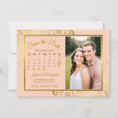 Elegante Coral Peach & Gold Calendar Fotobruiloft Save The Date (Voorkant)