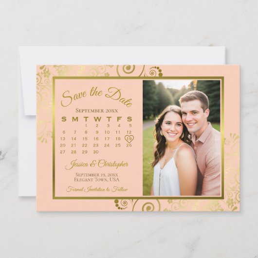 Elegante Coral Peach & Gold Calendar Fotobruiloft Save The Date (Voorkant)