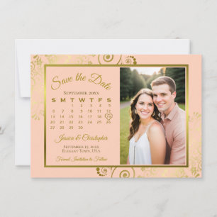 Elegante Coral Peach & Gold Calendar Fotobruiloft Save The Date