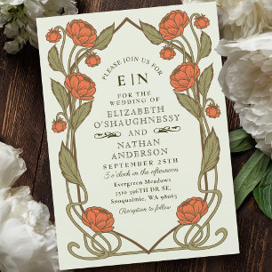 Elegante Coral Peony Art Nouveau Floral Wedding Kaart