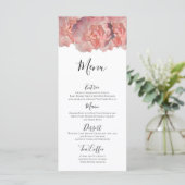 Elegante Coral Pink Rose Bloemen Witte Receptie Menu (Staand voorkant)