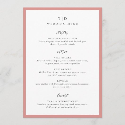 Elegante Coral Roze Monogram Moderne bruiloft Menu (Voorkant)