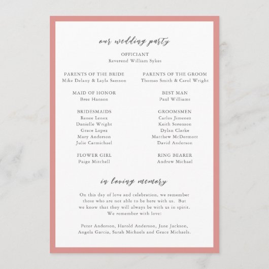 Elegante Coral Roze Monogram Moderne bruiloft Programmakaart (Achterkant)