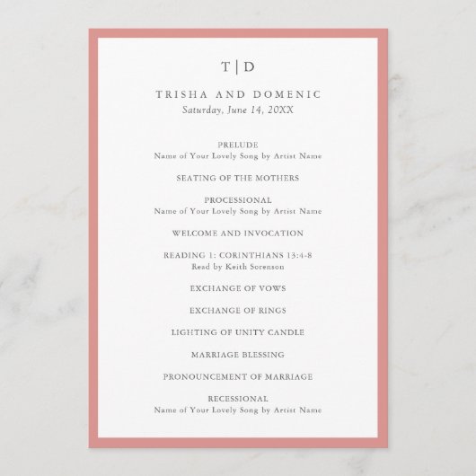 Elegante Coral Roze Monogram Moderne bruiloft Programmakaart (Voorkant)