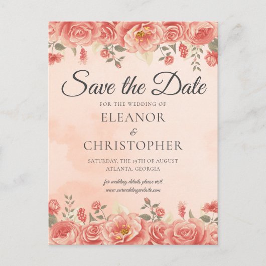 Elegante Coral Rozen Waterverf Perzik Bloemen Aankondigingskaart (Voorkant)