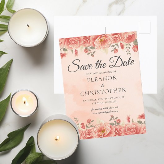 Elegante Coral Rozen Waterverf Perzik Bloemen Aankondigingskaart