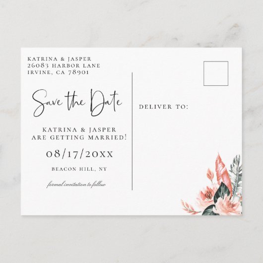 Elegante Coral Tropics Save the Date Aankondigingskaart (Achterkant)