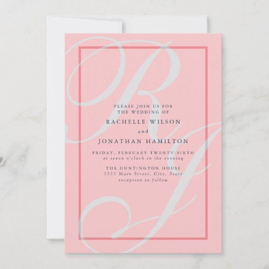 Elegante Coral Wedding Monogram Uitnodiging (Voorkant)