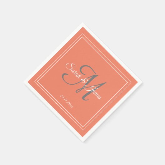 Elegante Coral White Monogram Trouwpapier Servet (Hoek)