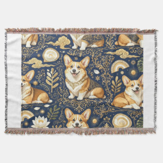 Elegante Corgi Honden Goud Damast Navy Blauwe Patr Deken