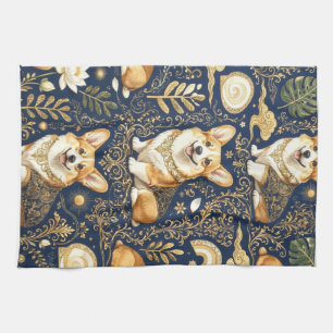Elegante Corgi Honden Goud Damast Navy Blauwe Patr Theedoek