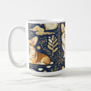 Elegante Corgi Honden Goud Damast Navyblauw Patroo Koffiemok