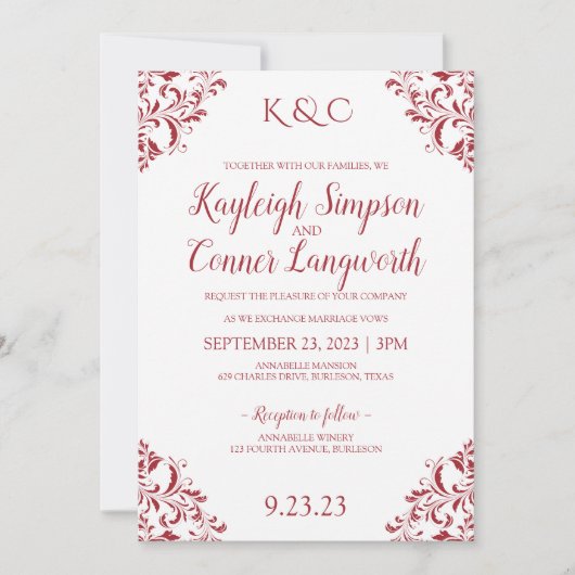 Elegante  Corners Trouwuitnodiging | Rood Kaart (Voorkant)