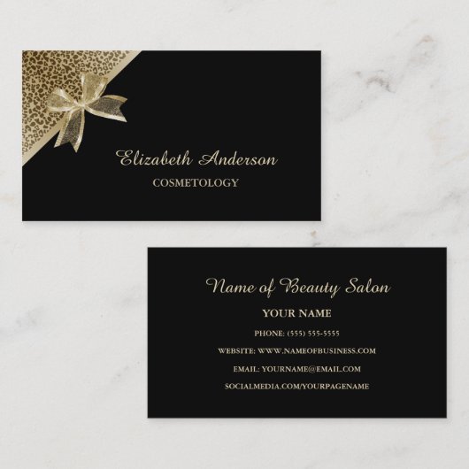Elegante cosmetologie zwart en goud luipaard lint visitekaartje (Voorkant / Achterkant)