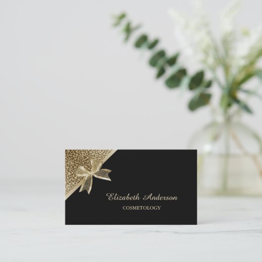 Elegante cosmetologie zwart en goud luipaard lint visitekaartje (Staand voorkant)