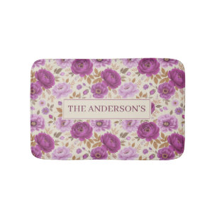 Elegante Cottagecore Paarse Bloemen Badmat