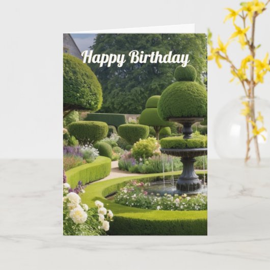 Elegante Country Garden Topiary Fountain Verjaarda Kaart (Gele Bloem)