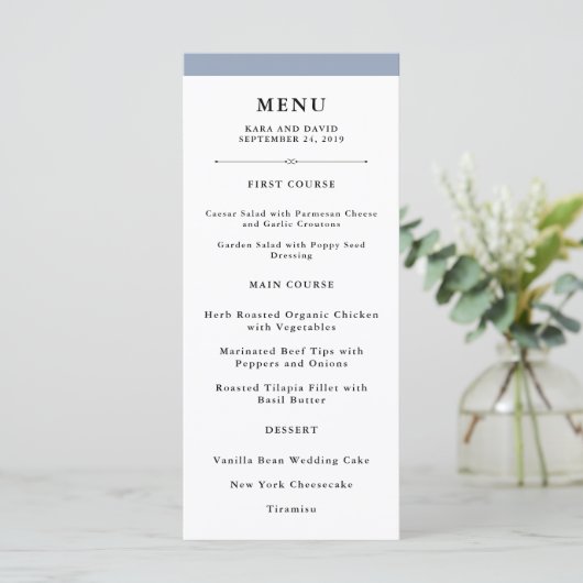 Elegante Couture | Dusty Blue Wedding Menu (Staand voorkant)