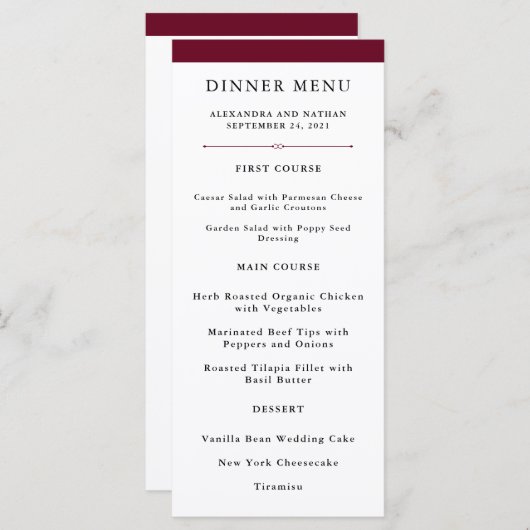 Elegante Couture | Marsala Trouwmenu Menu (Voorkant / Achterkant)