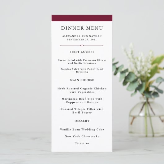 Elegante Couture | Marsala Trouwmenu Menu (Staand voorkant)