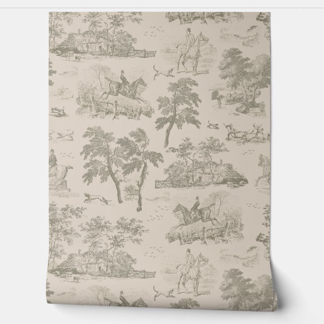 Elegante  Cream Beige Horse Hunting Toile Behang (Afrollen)