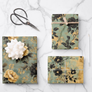 Elegante  Cream & Black Floral op Sage Green Inpakpapier Vel