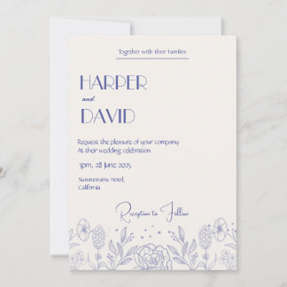 Elegante Cream & Blauwe Bloemenlijn bruiloft Uitno Kaart