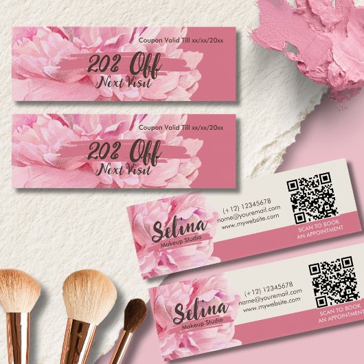 Elegante Cream Blush Roze Bloemen Make-up Studio Mini Visitekaartjes