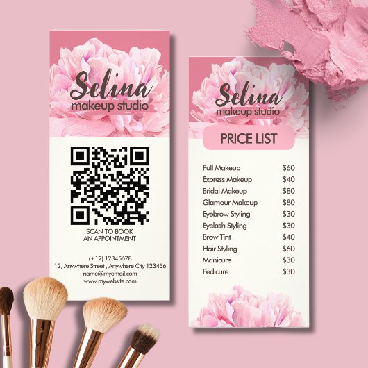 Elegante Cream Blush Roze Bloemen Make-up Studio Reclamekaart