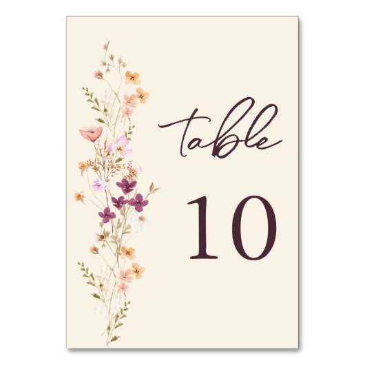Elegante Cream Boho Wildflower Trouwtafel Nummer Kaart (Voorkant)
