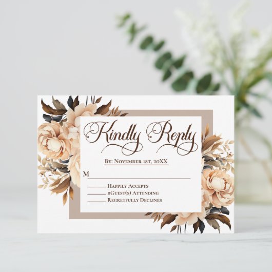 Elegante Cream en Tan Floral Islamitische bruiloft RSVP Kaartje (Staand voorkant)