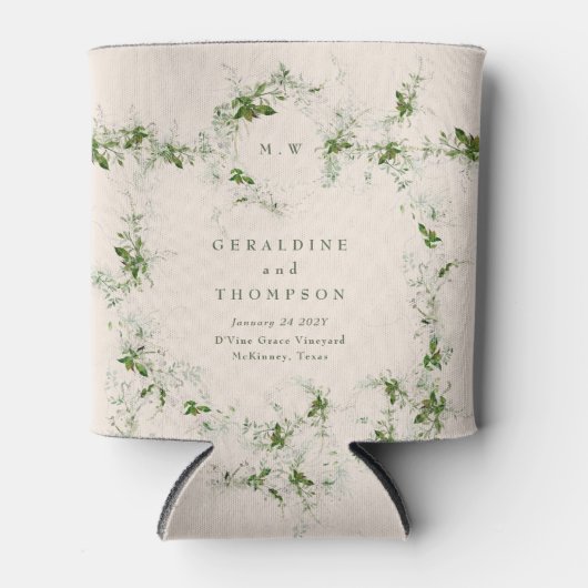 Elegante Cream Eucalyptus Monogram Bruiloftsgesche Blikjeskoeler (Voorkant)