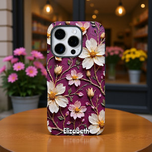 Elegante Cream Flowers op Textured Paarse iPhone 16 Pro Hoesje