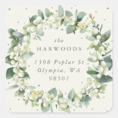 Elegante Cream Snowberry + Eucalyptus Krans Adres Vierkante Sticker (Voorkant)